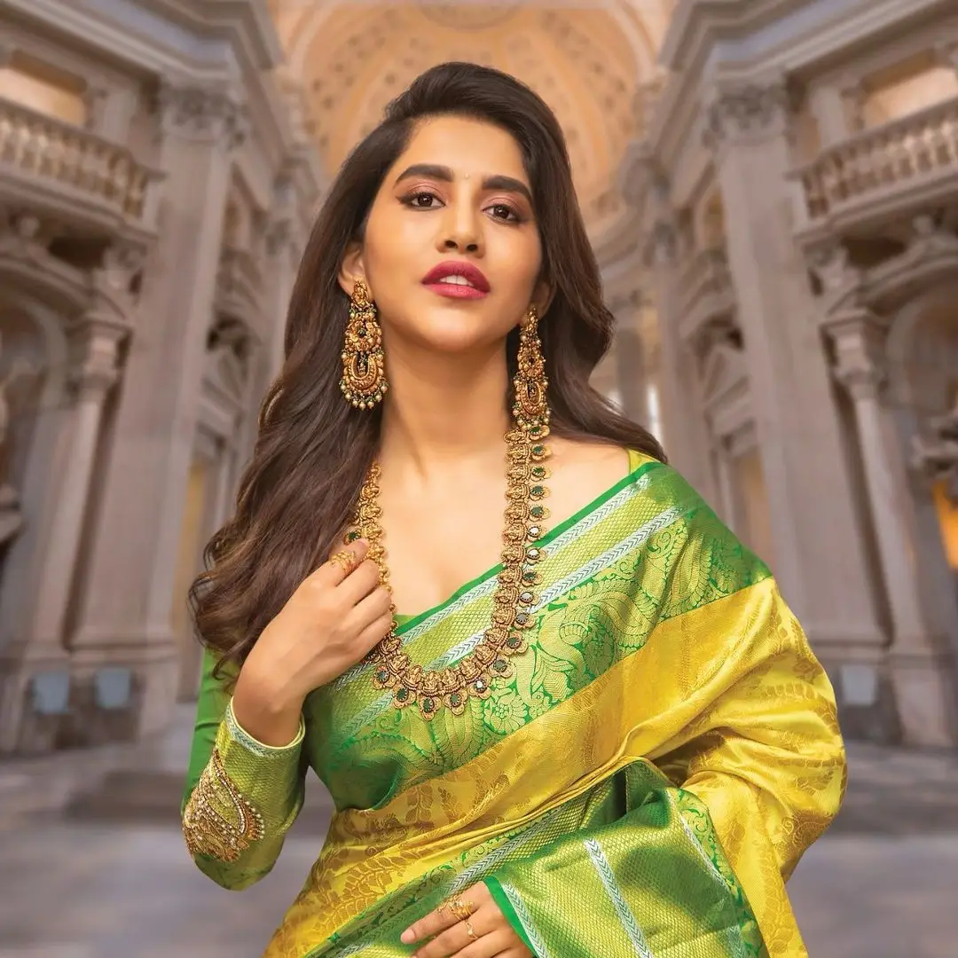 NABHA NATESH IN BEAUTIFUL JEWLERY YELLOW SAREE GREEN BLOUSE